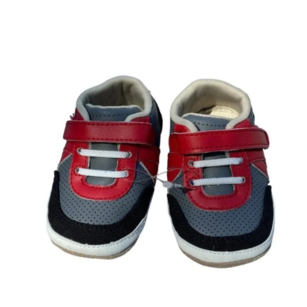 Robeez Sneakers Kids US 2 Grey Red Black Soft Sole Hook Loop‎ first shoes